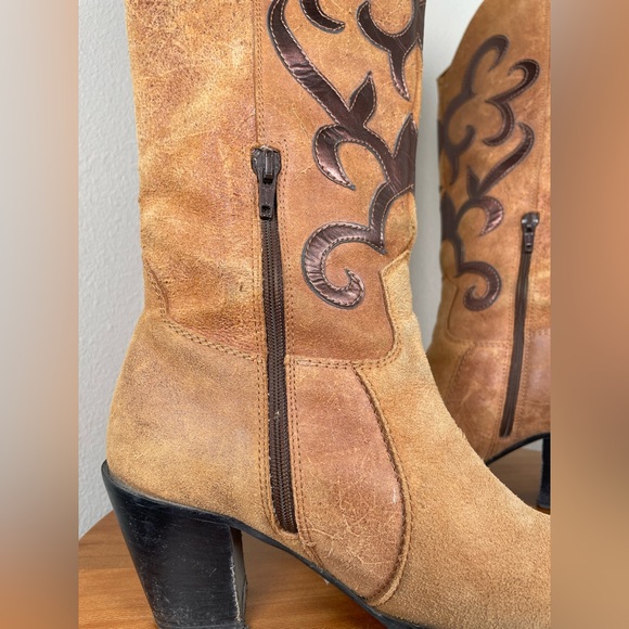 Vtg Nine West Brown Hippie Boho Western Cowboy Pull On Leather Boots Size 38 - Picture 4 of 14